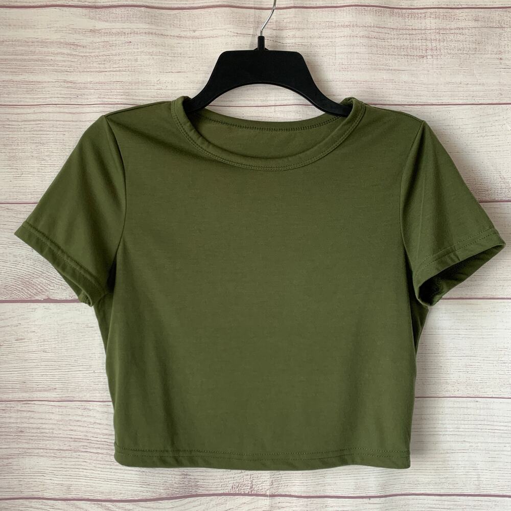 Olive Green Cropped T-Shirt Short Sleeves Baby Tee Size Large